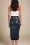 High Waist Leather Pencil Skirt Midi Length Crocodile Black