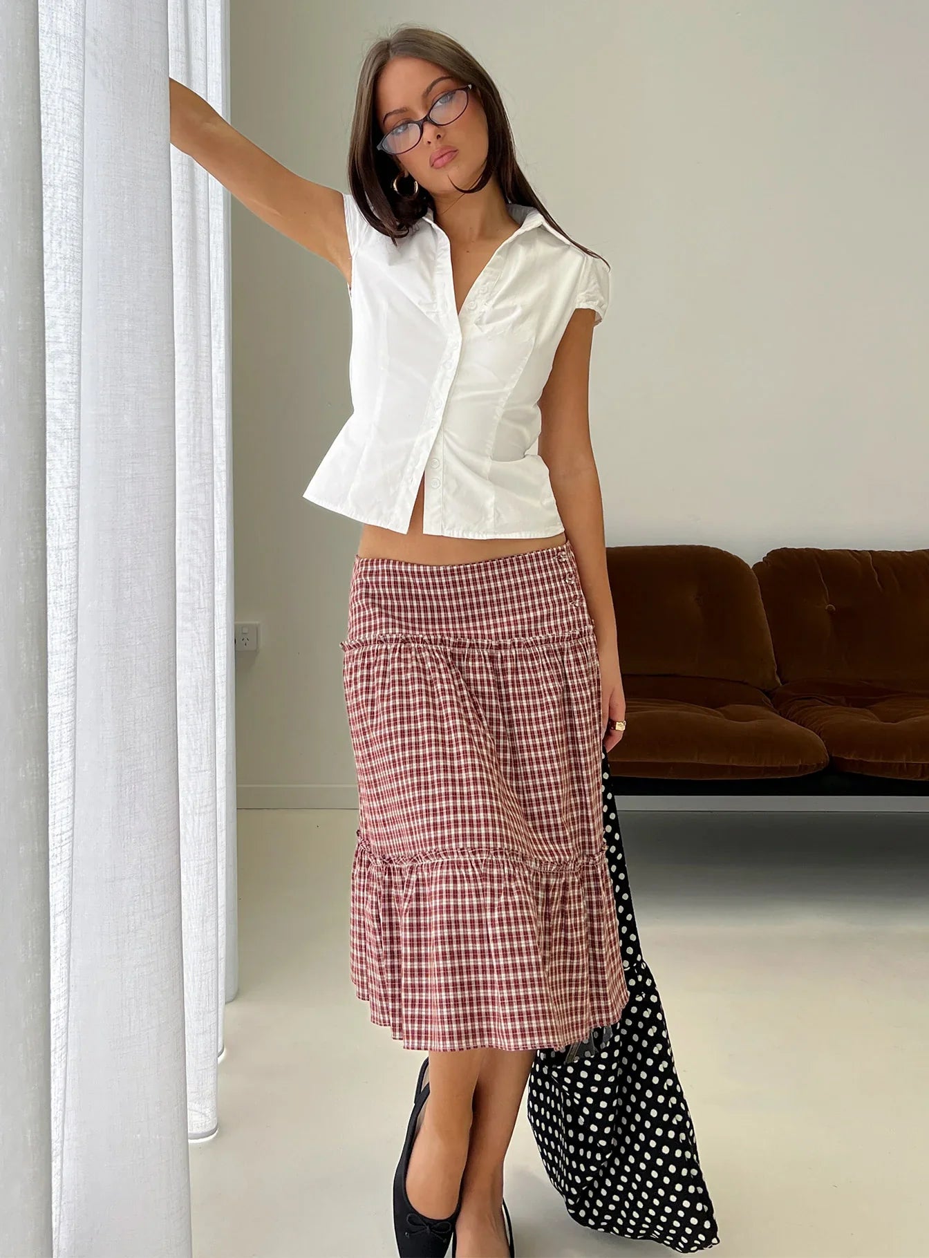 Cascades Low Rise Midi Skirt Red Check