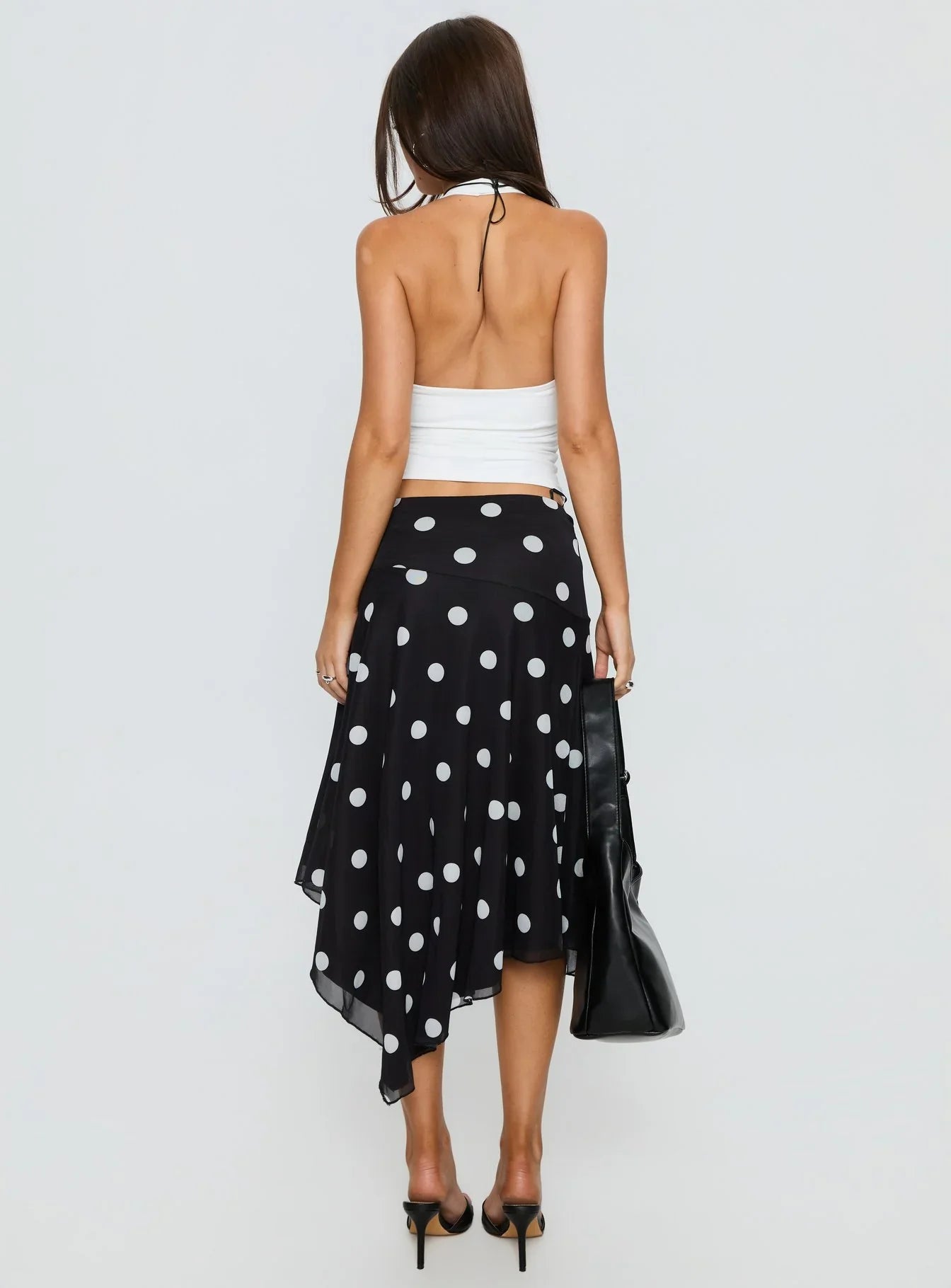 Dulciana High Split Asymmetrical Midi Skirt Black Polka Dot