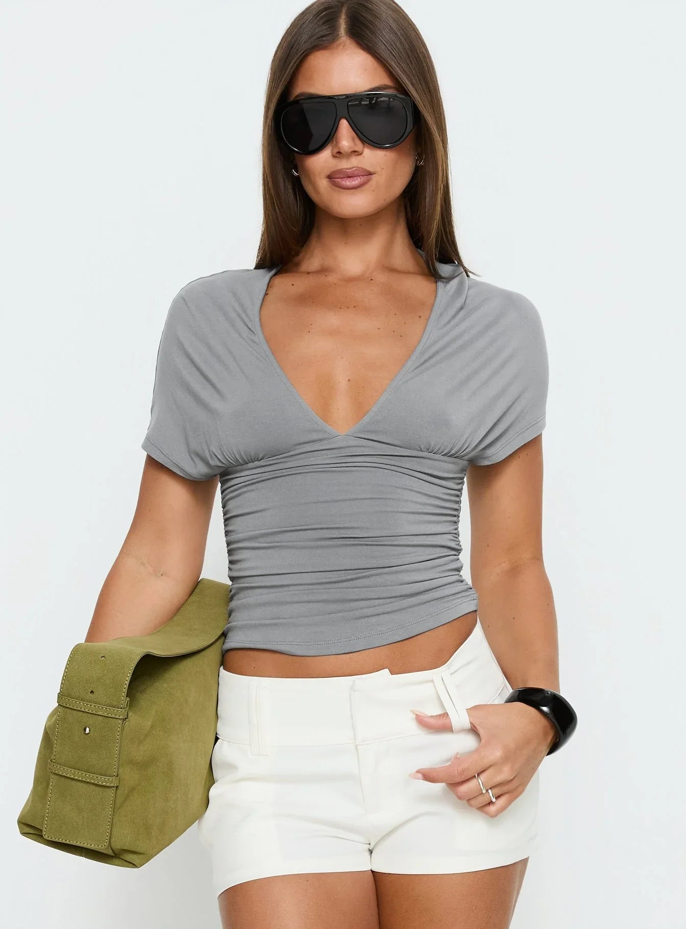 Osari Ruched Short Sleeve Jersey Top Grey