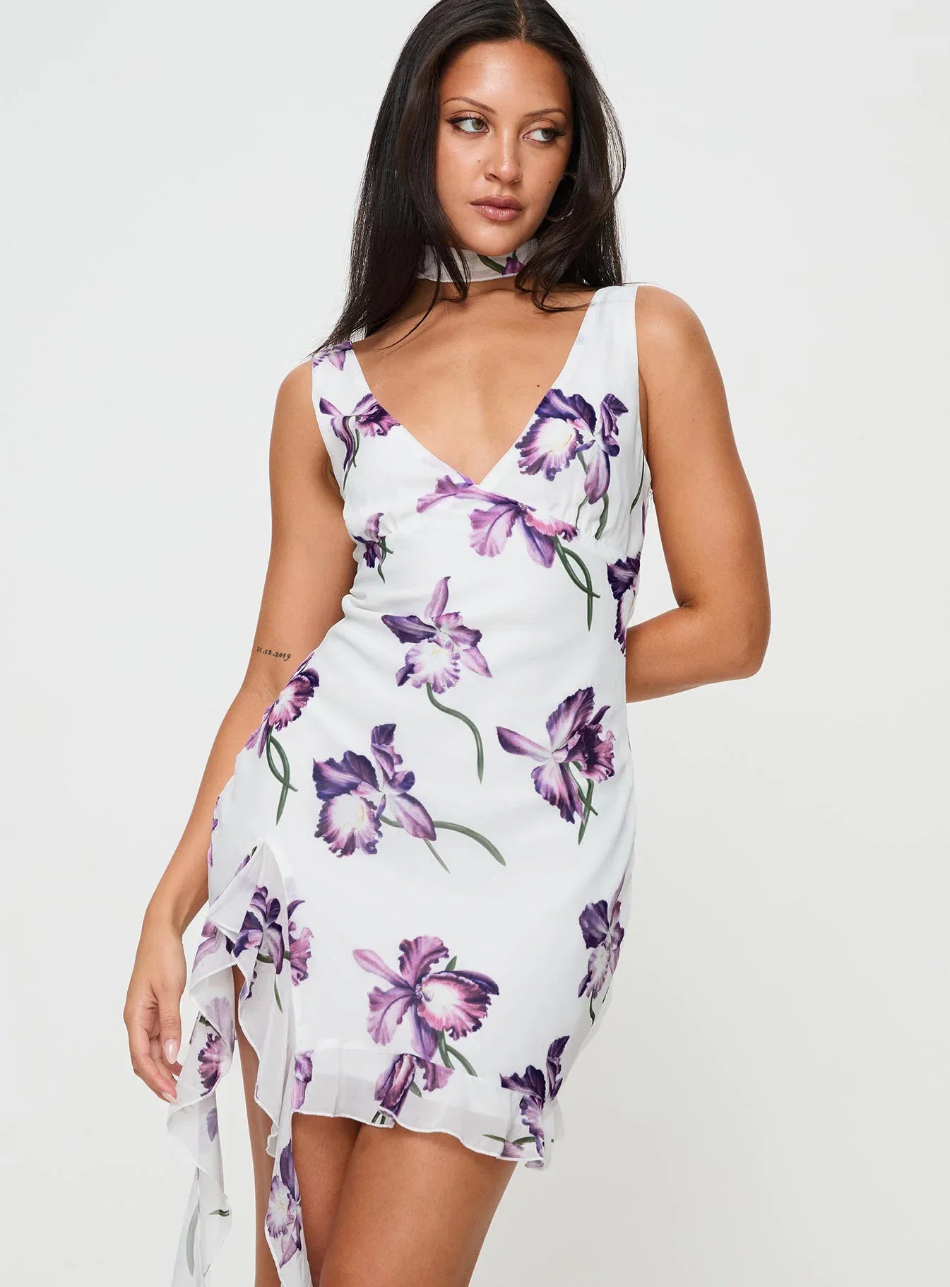 Varney Frill Mini Dress White Purple Floral