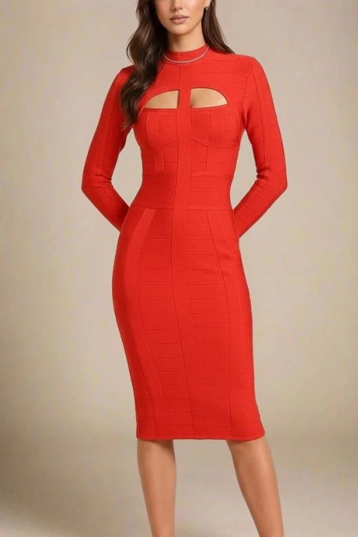 Brooke Long Sleeve Bandage Midi Dress Lipstick Red
