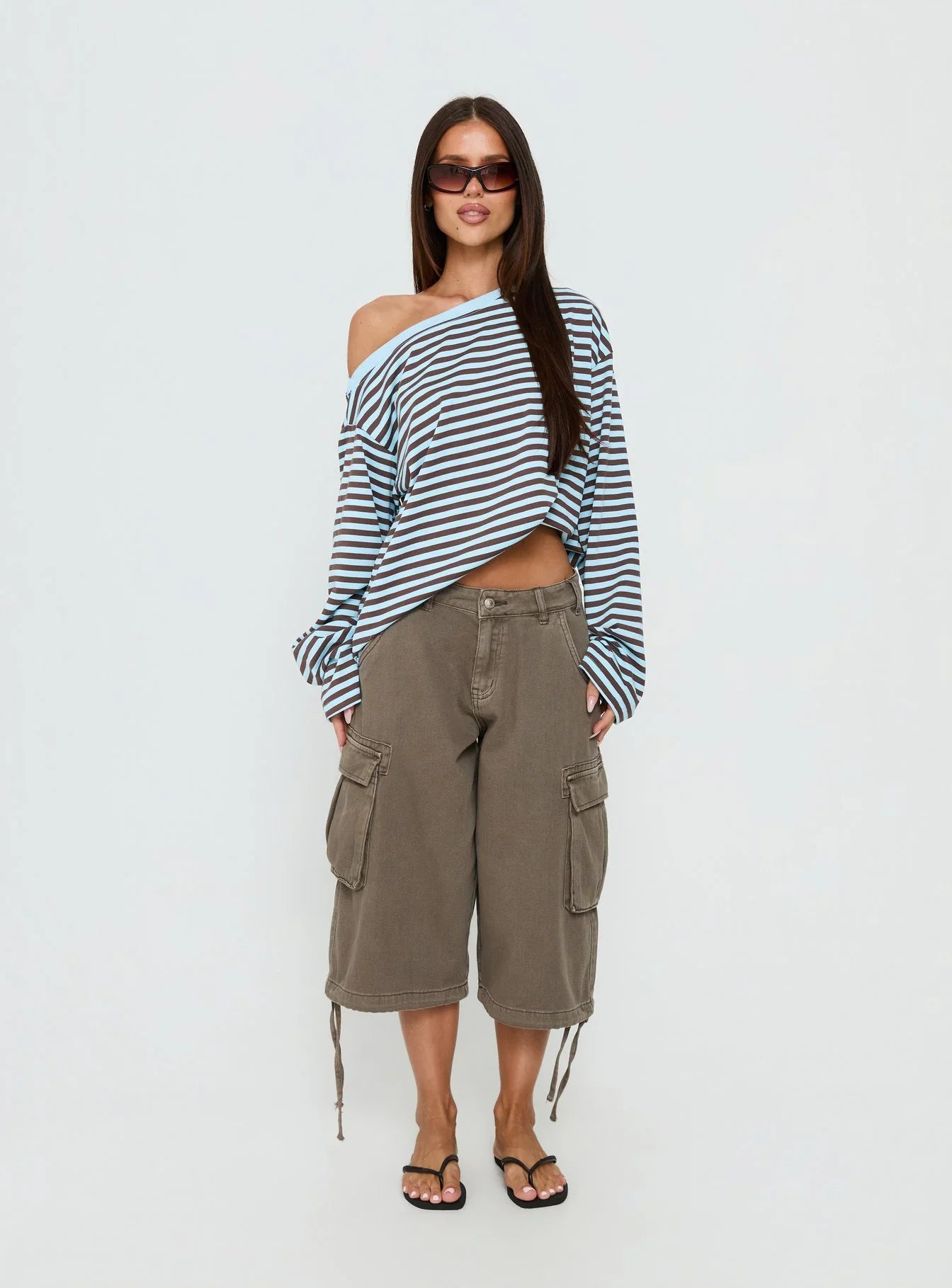 Settle Down One Shoulder Long Sleeve Top Chocolate / Blue Stripe