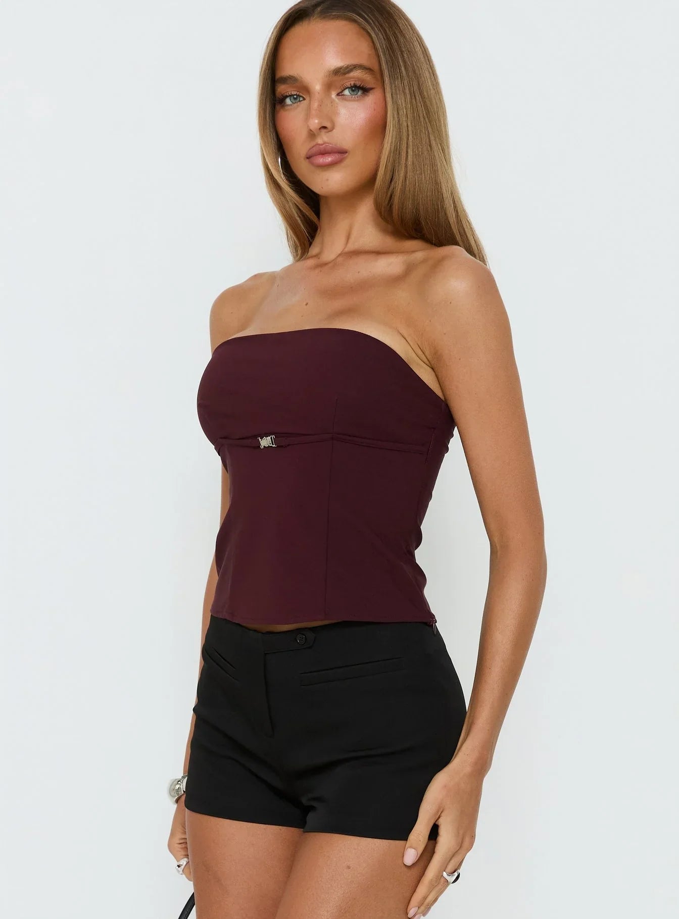 Flounce Strapless Top Plum