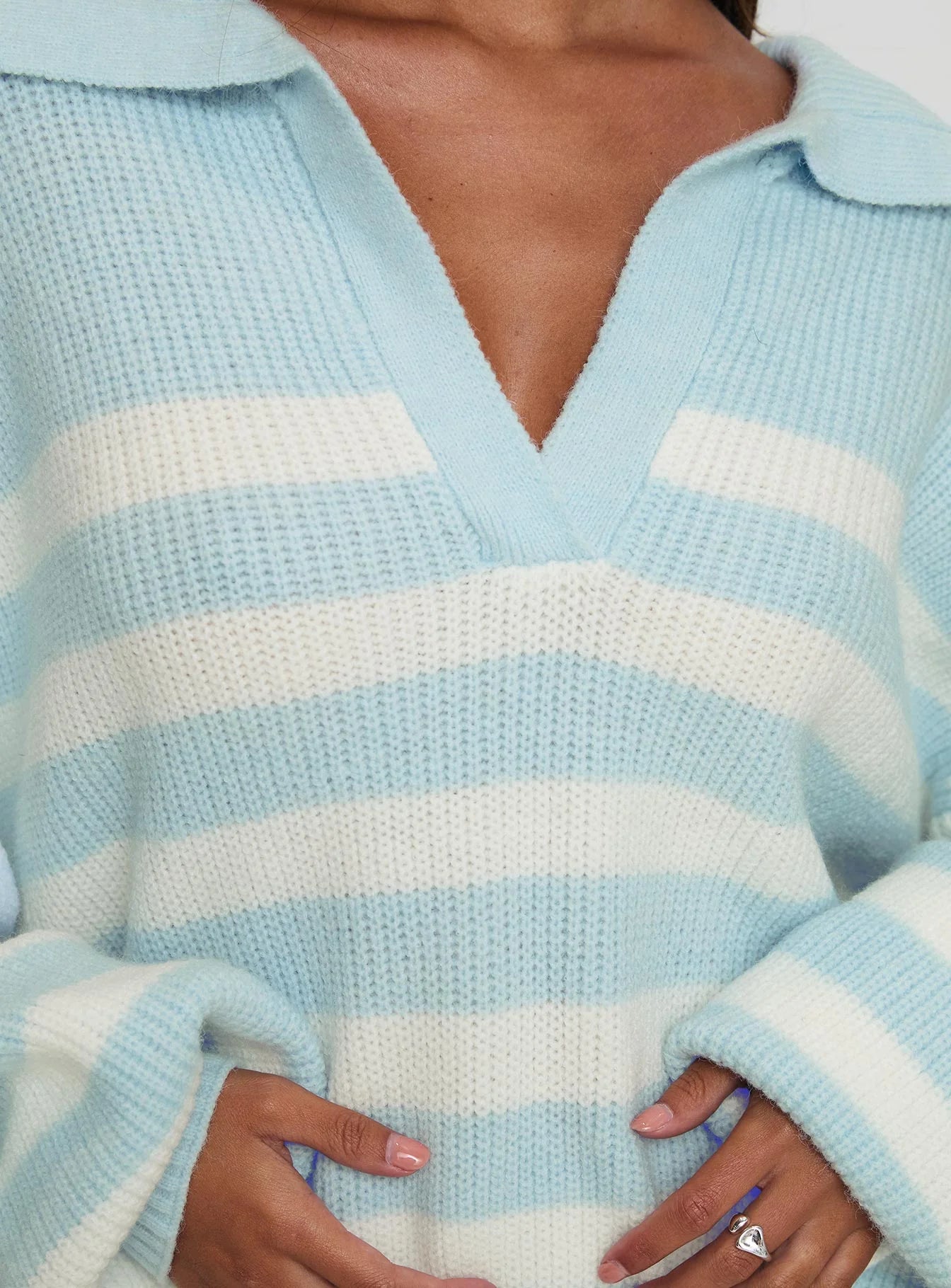 Carolena Long Sleeve Collared Knit Sweater Blue White Stripe