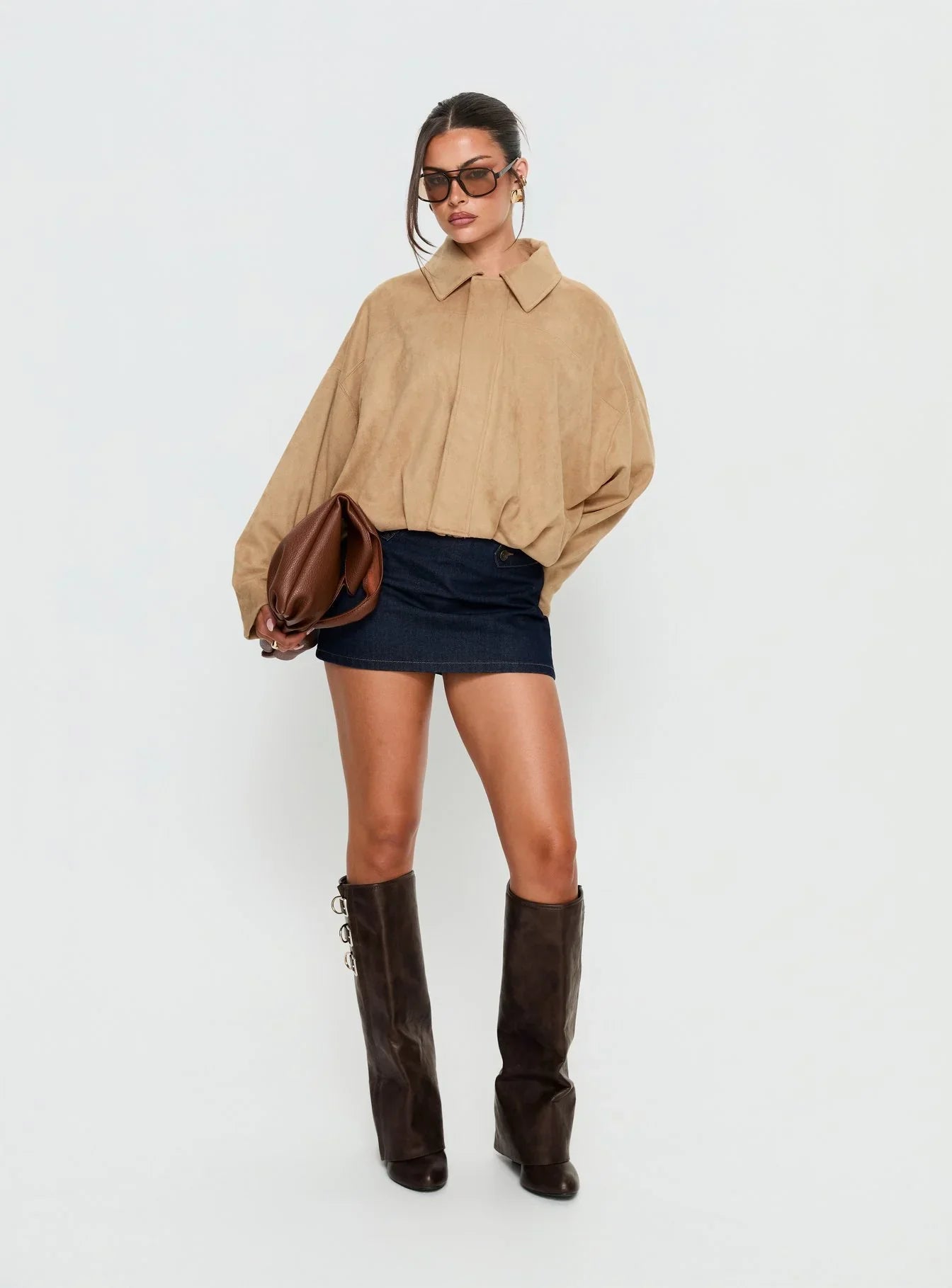 Enlightened Faux Suede Bomber Jacket Beige