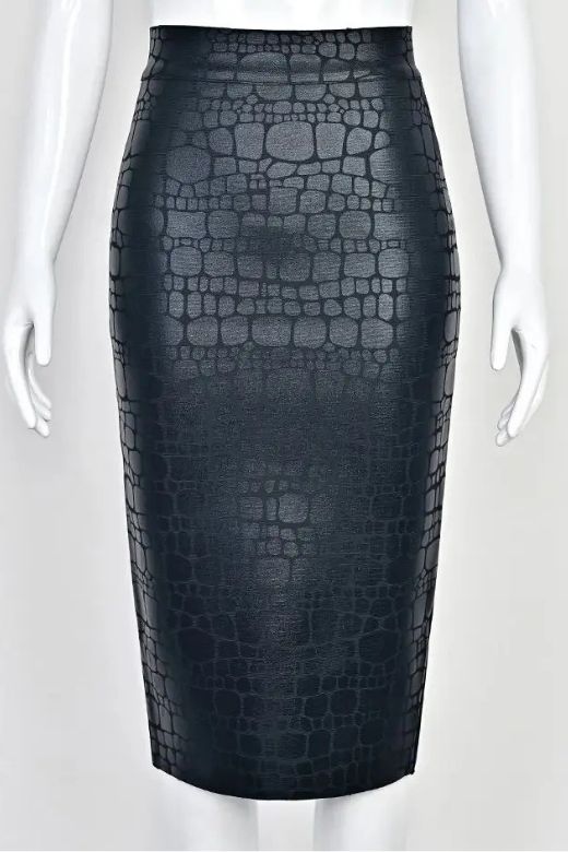 High Waist Leather Pencil Skirt Midi Length Crocodile Black