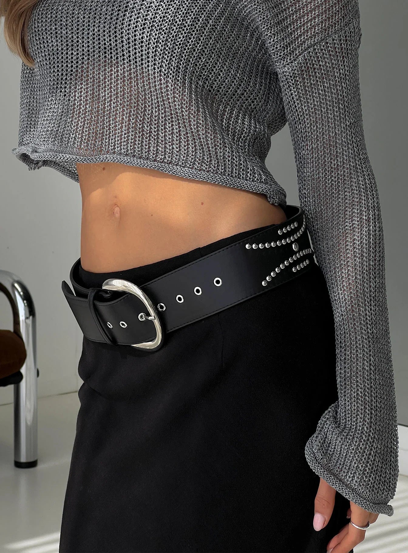 Jordynne Studded Faux Leather Belt Black Silver