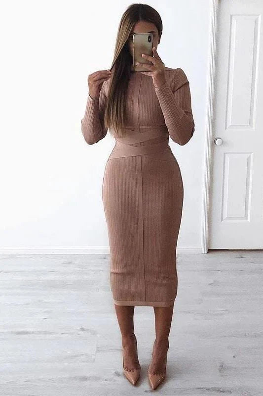 Jane Long Sleeve Bodycon Midi Dress White Pearl