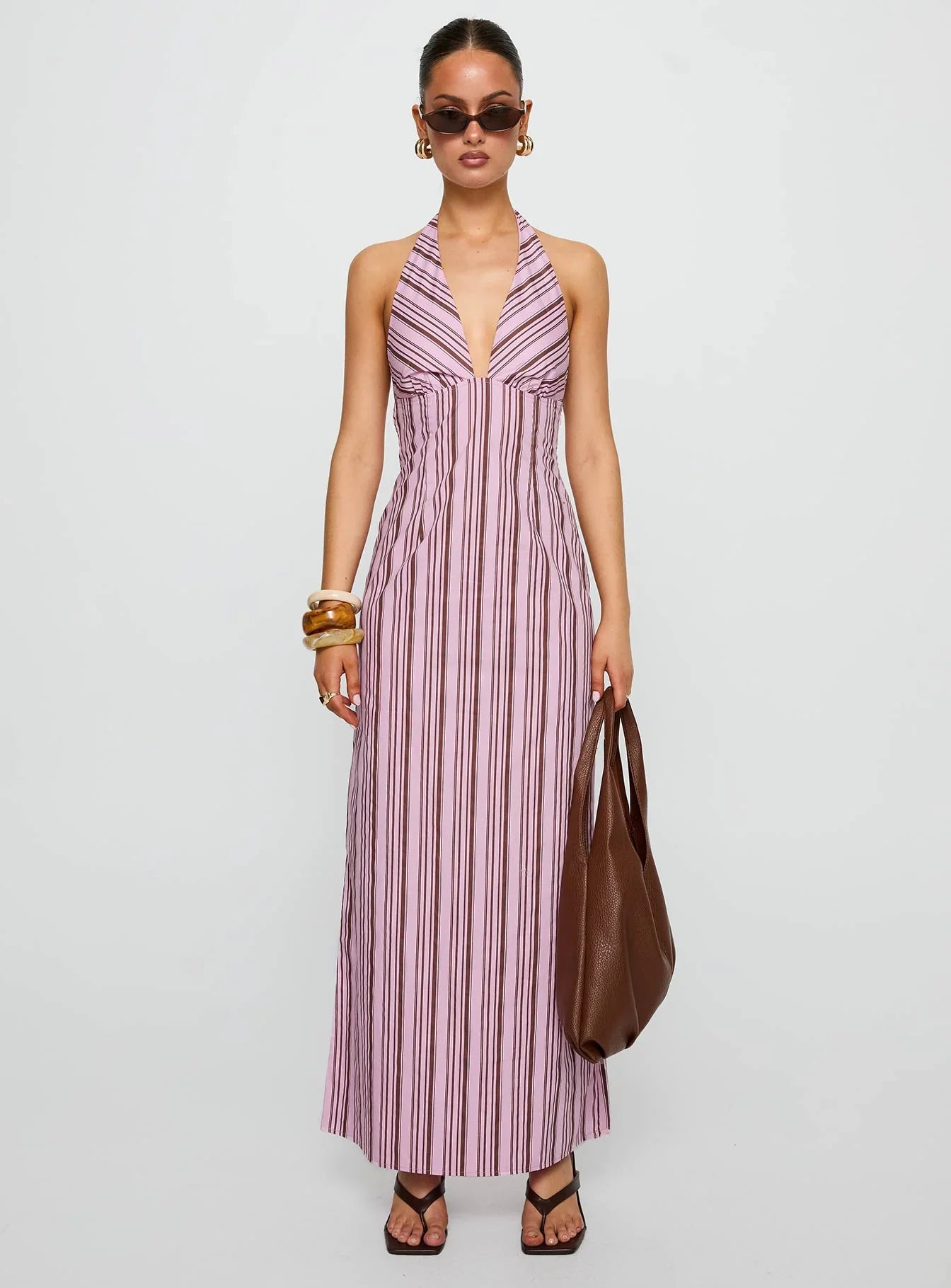 Avrie Halter Maxi Dress Pink Brown Stripe