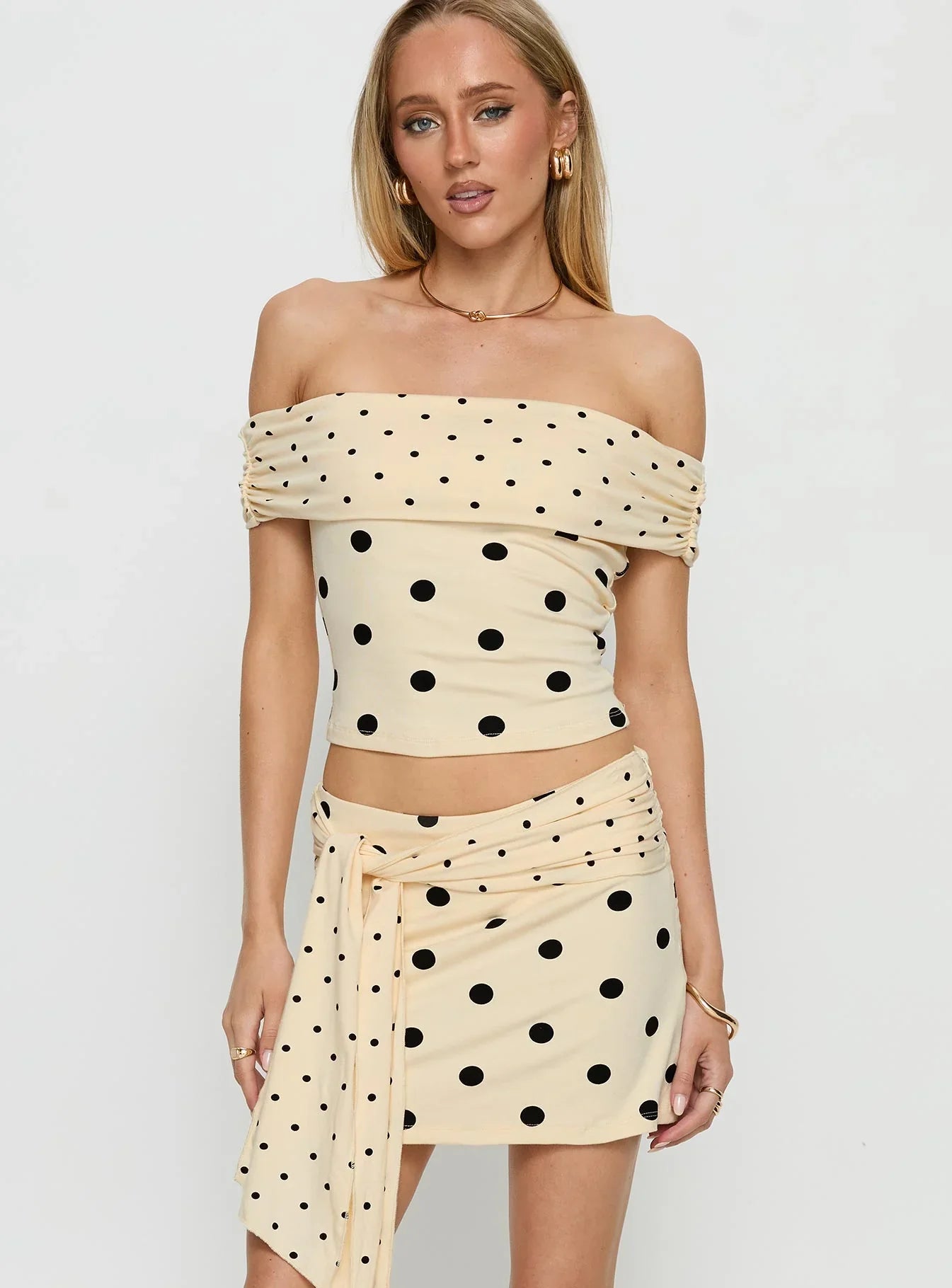 Porzia Wrap Detail Mini Skirt Cream Polka Dot