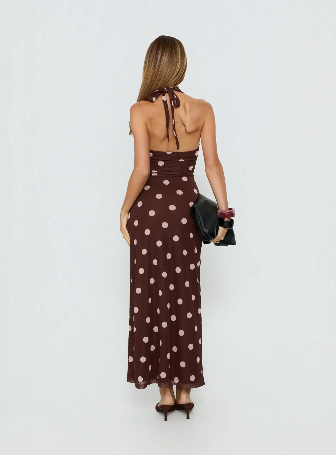 Saviana Halter Ruched Maxi Dress Chocolate / Pink Polka Dot