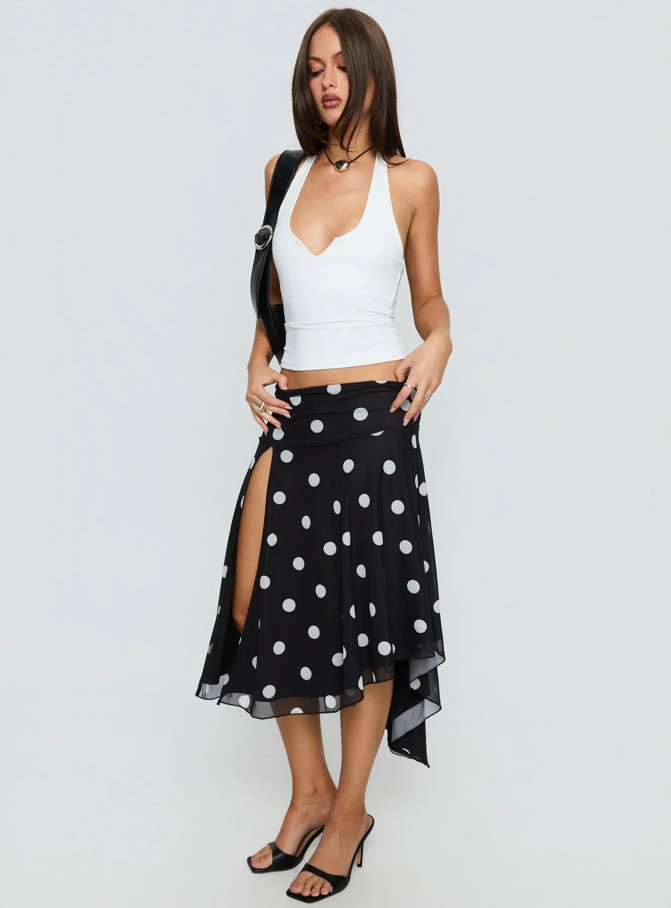 Dulciana High Split Asymmetrical Midi Skirt Black Polka Dot