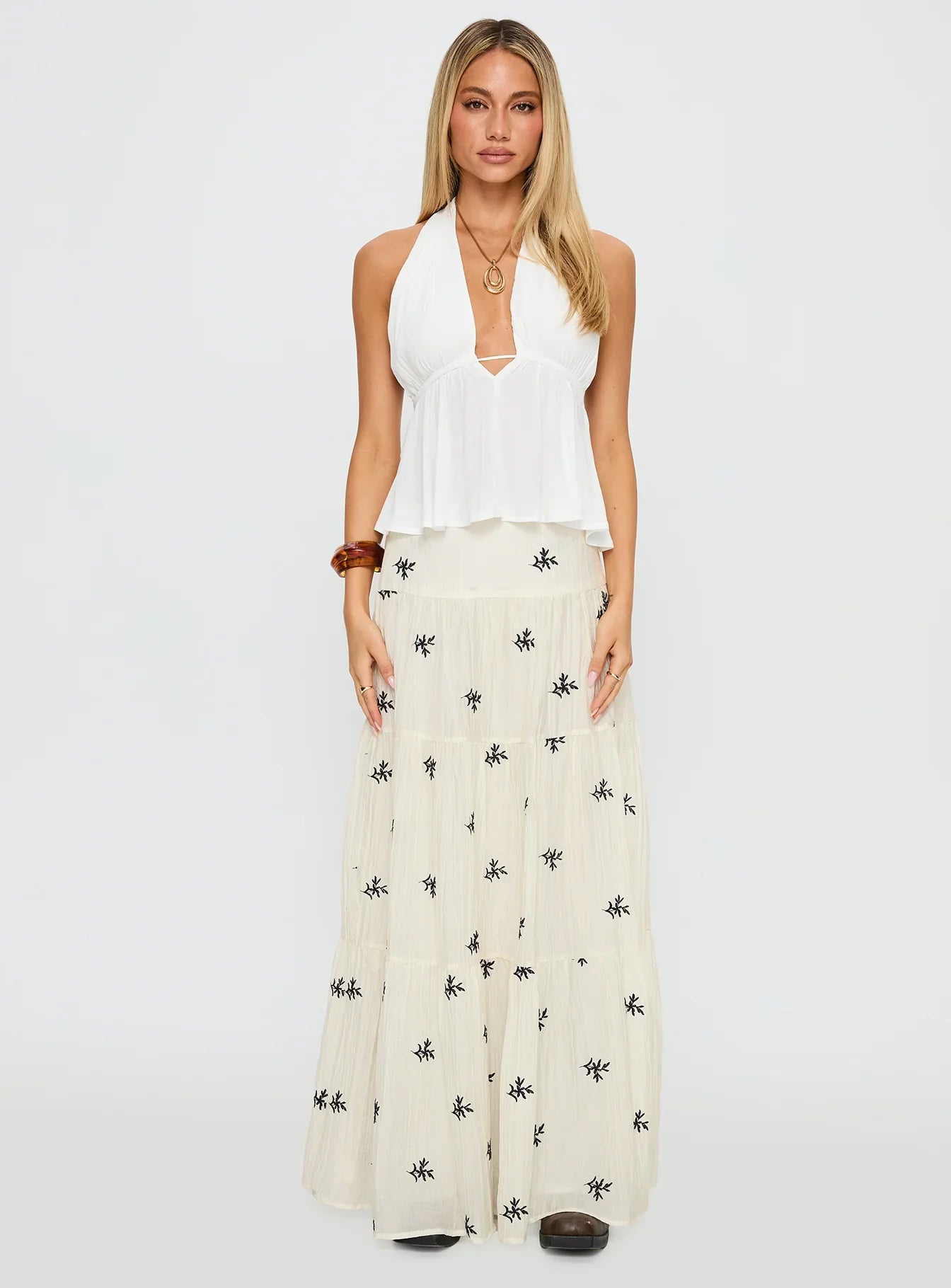 Cinnamon Embroidered Maxi Skirt Cream Navy