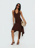 Moonlit Honey Asymmetrical Halter Jersey Midi Dress Chocolate