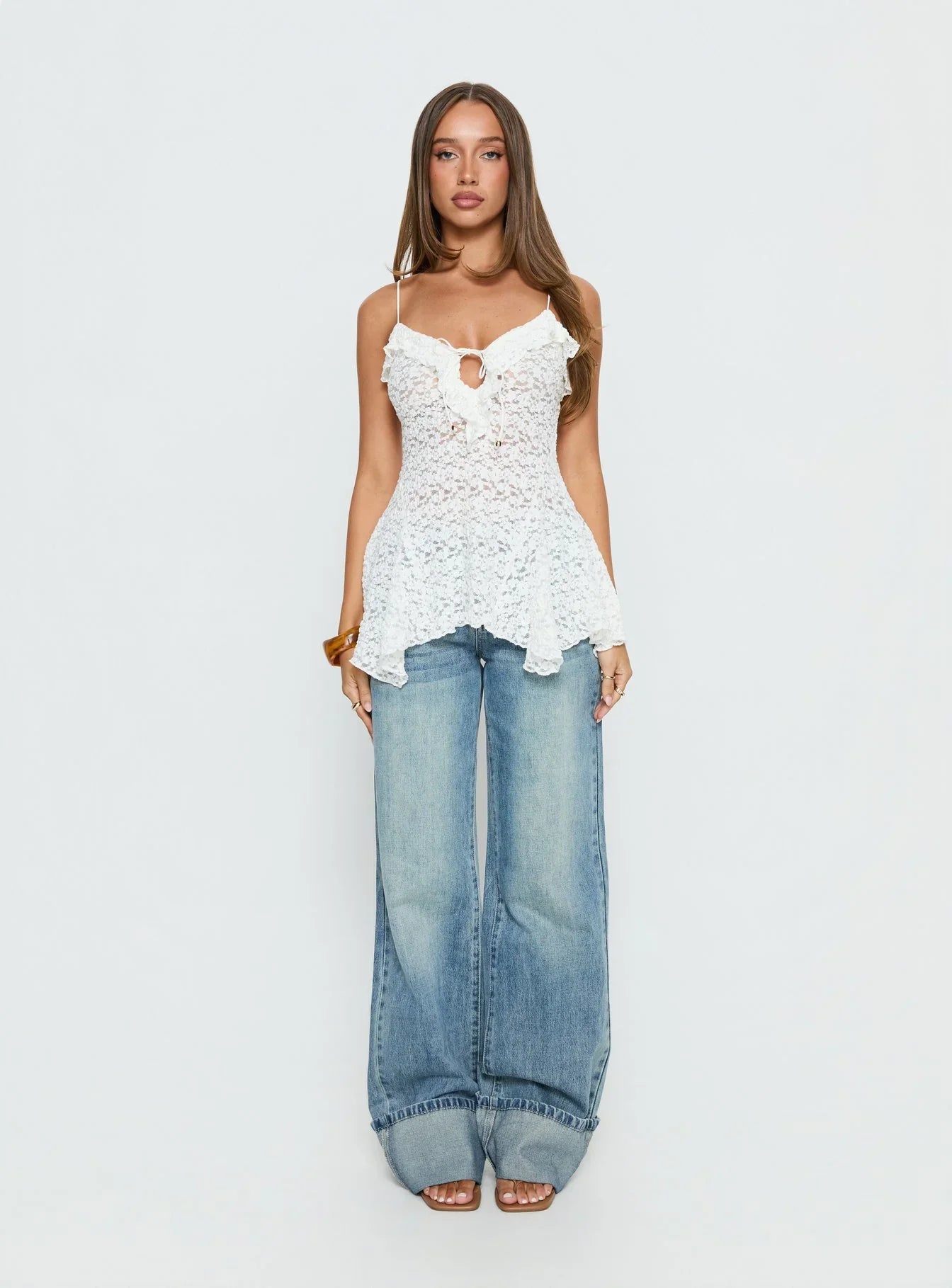 Medinilla Ruffle Tie Front Top White Lace