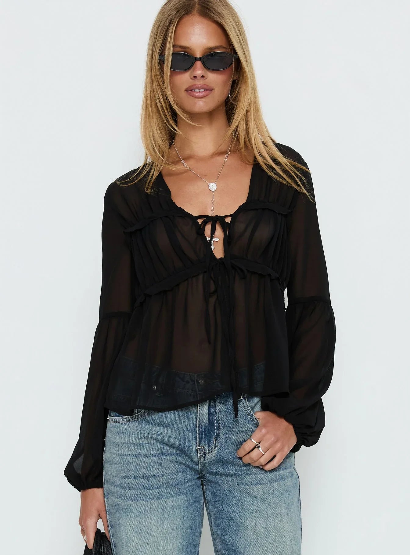 Palapa Tie Detail Sheer Long Sleeve Top Black