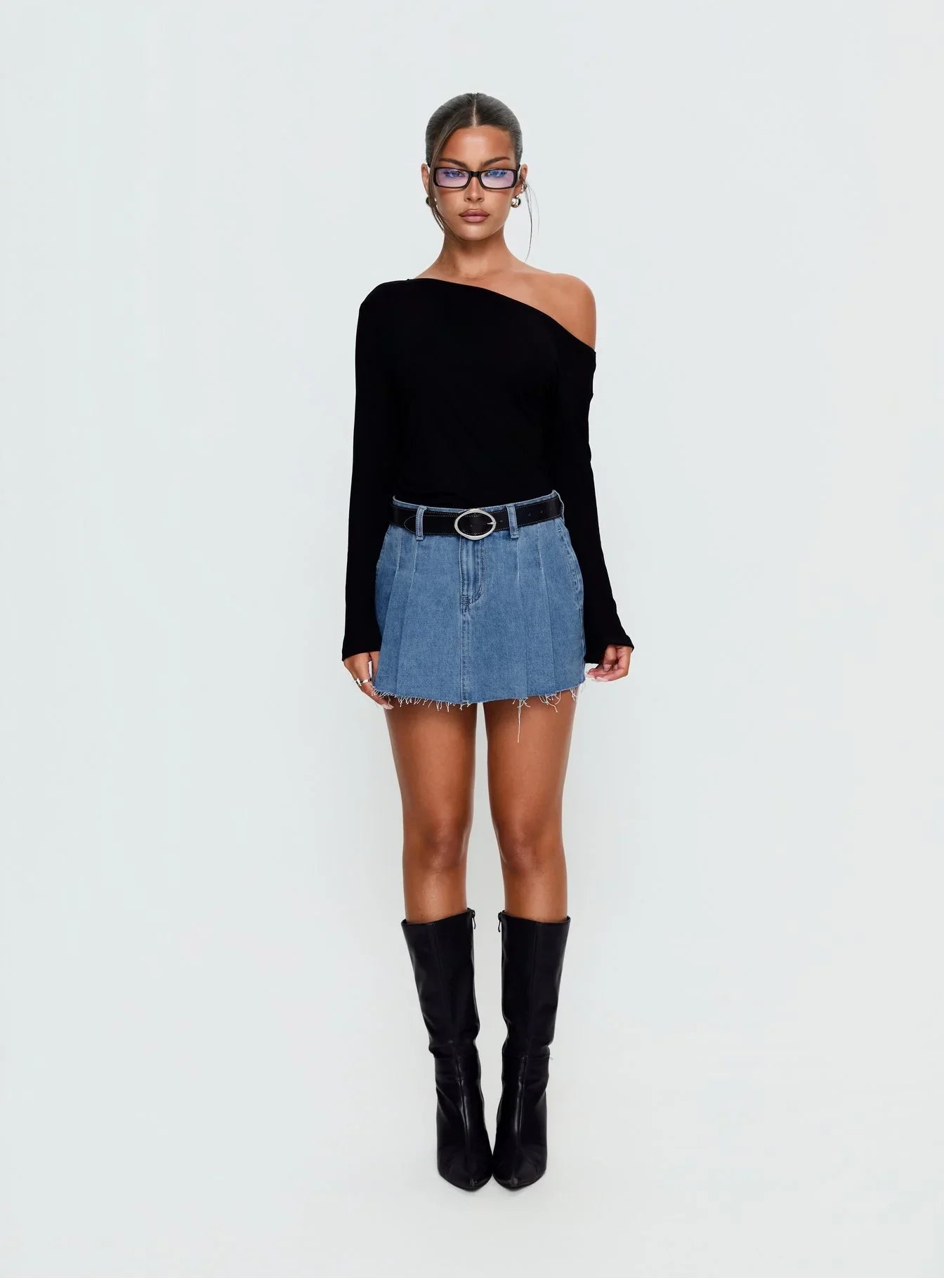 Debera Pleated Mini Skirt Mid Blue Wash