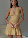 Sayla Halter Ruched Mini Dress Yellow Check