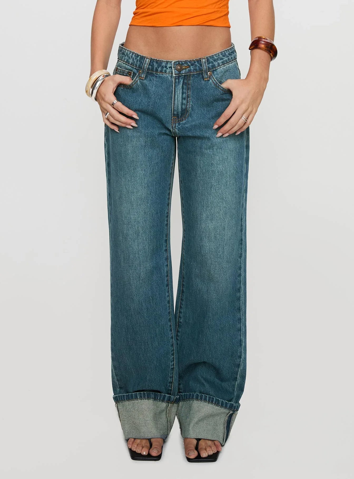 Toros Mid Rise Wide Leg Foldover Denim Jeans Mid Blue