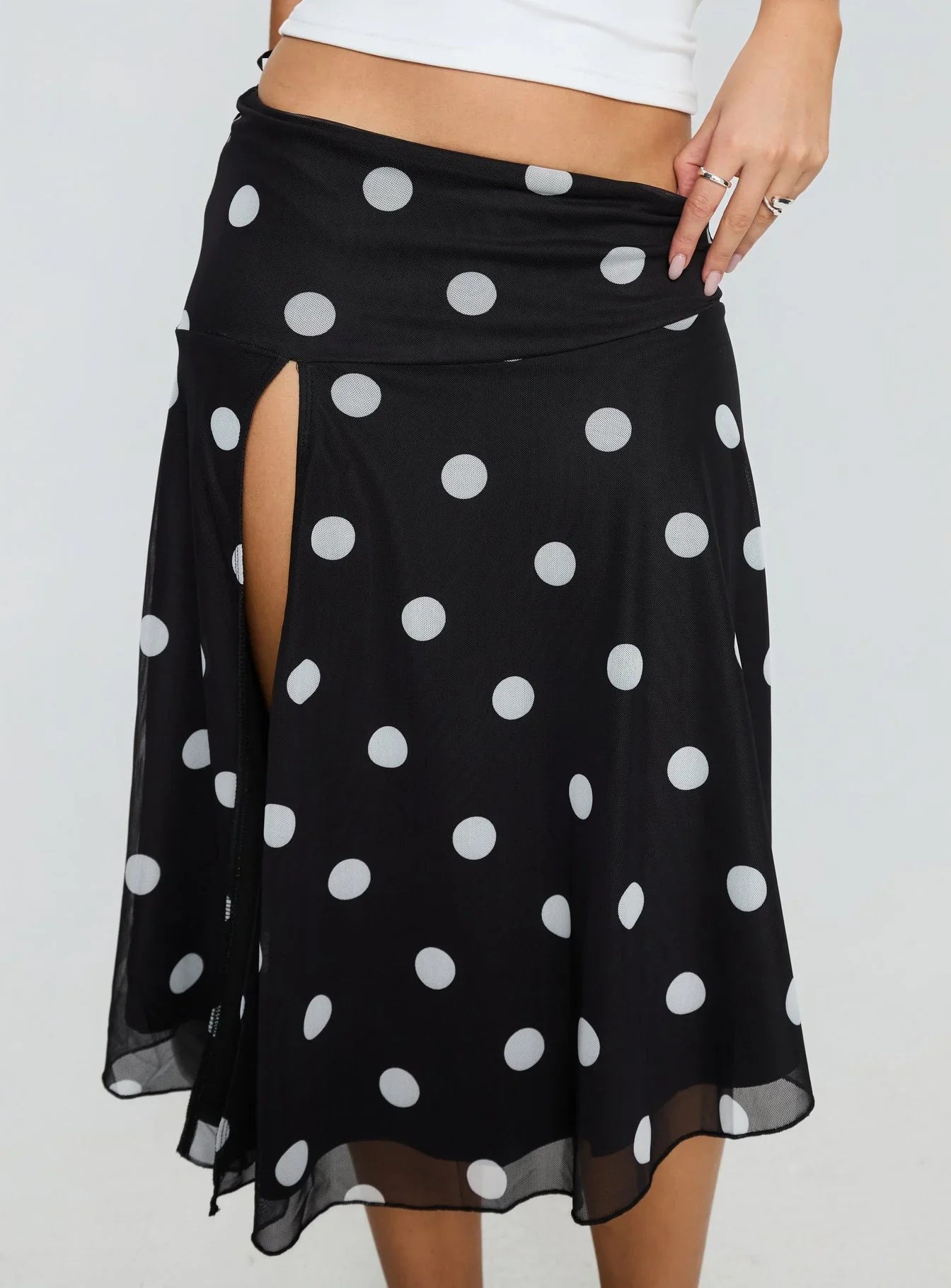 Dulciana High Split Asymmetrical Midi Skirt Black Polka Dot
