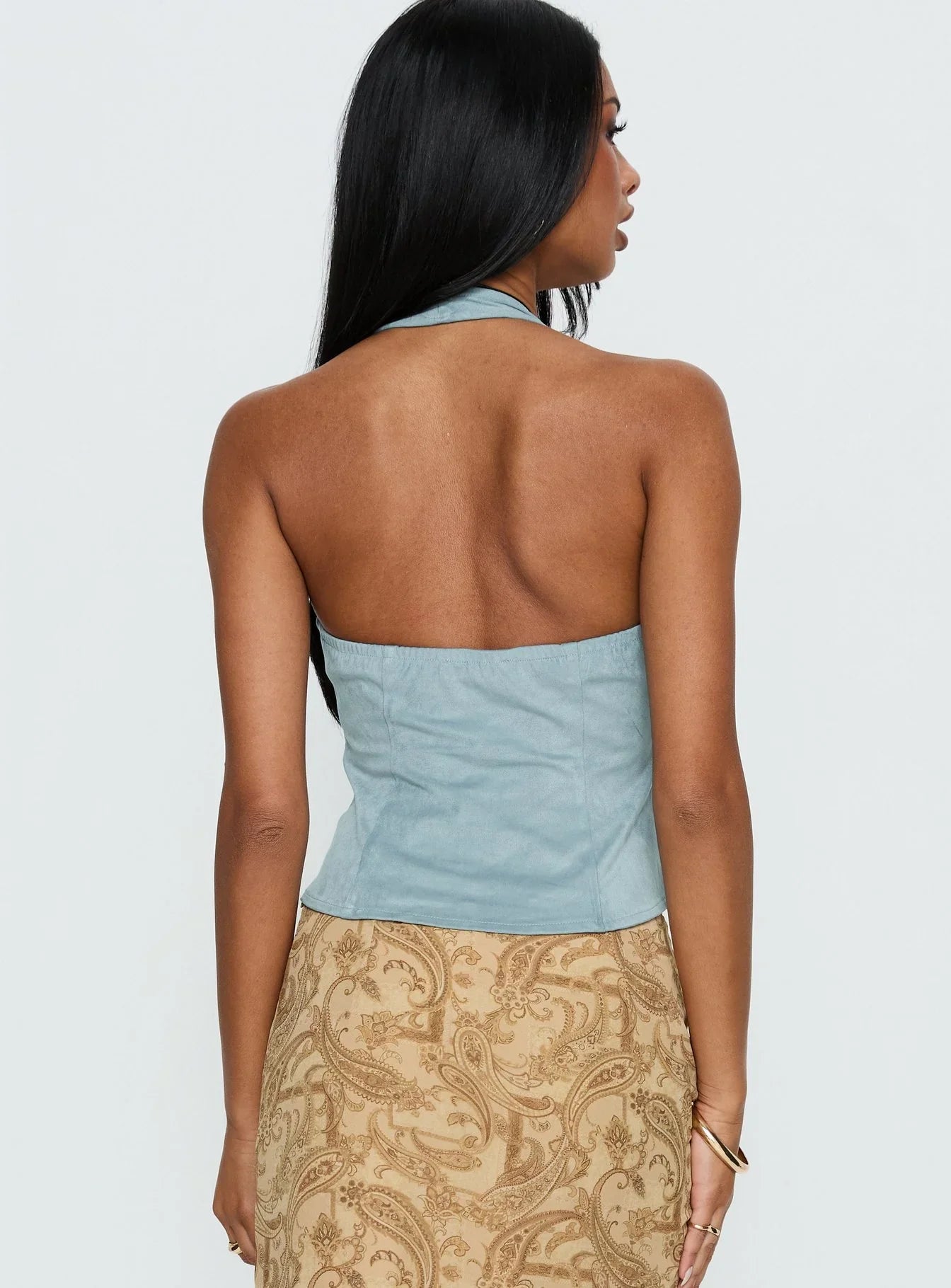 Dalyah Faux Suede Halter Top Soft Blue