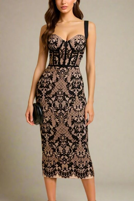 Genevieve Bodycon Lace Midi Dress Classic Black Sale