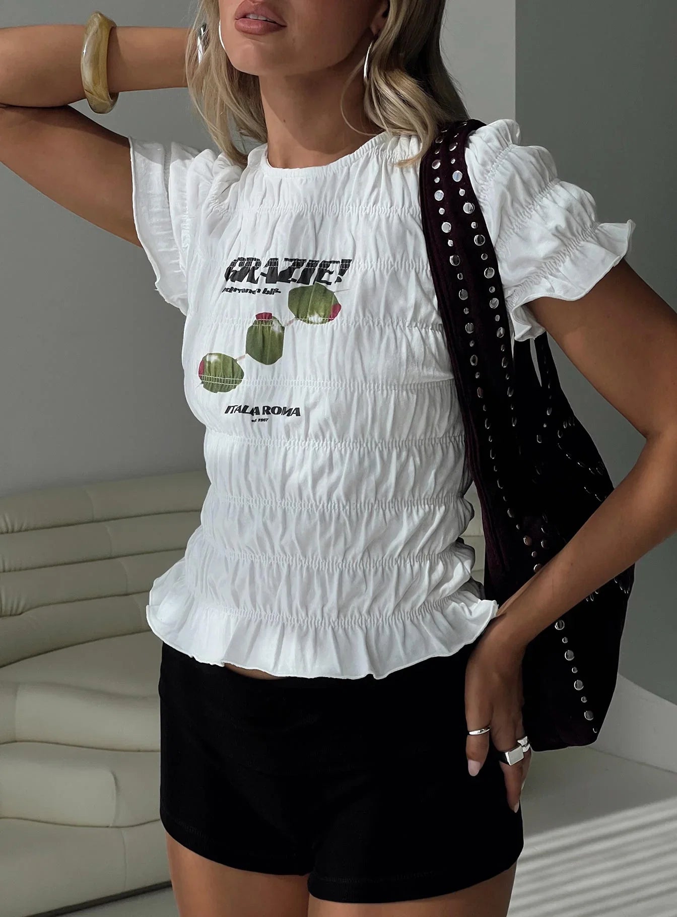 Grazie Mille Shirred Graphic Top White Green