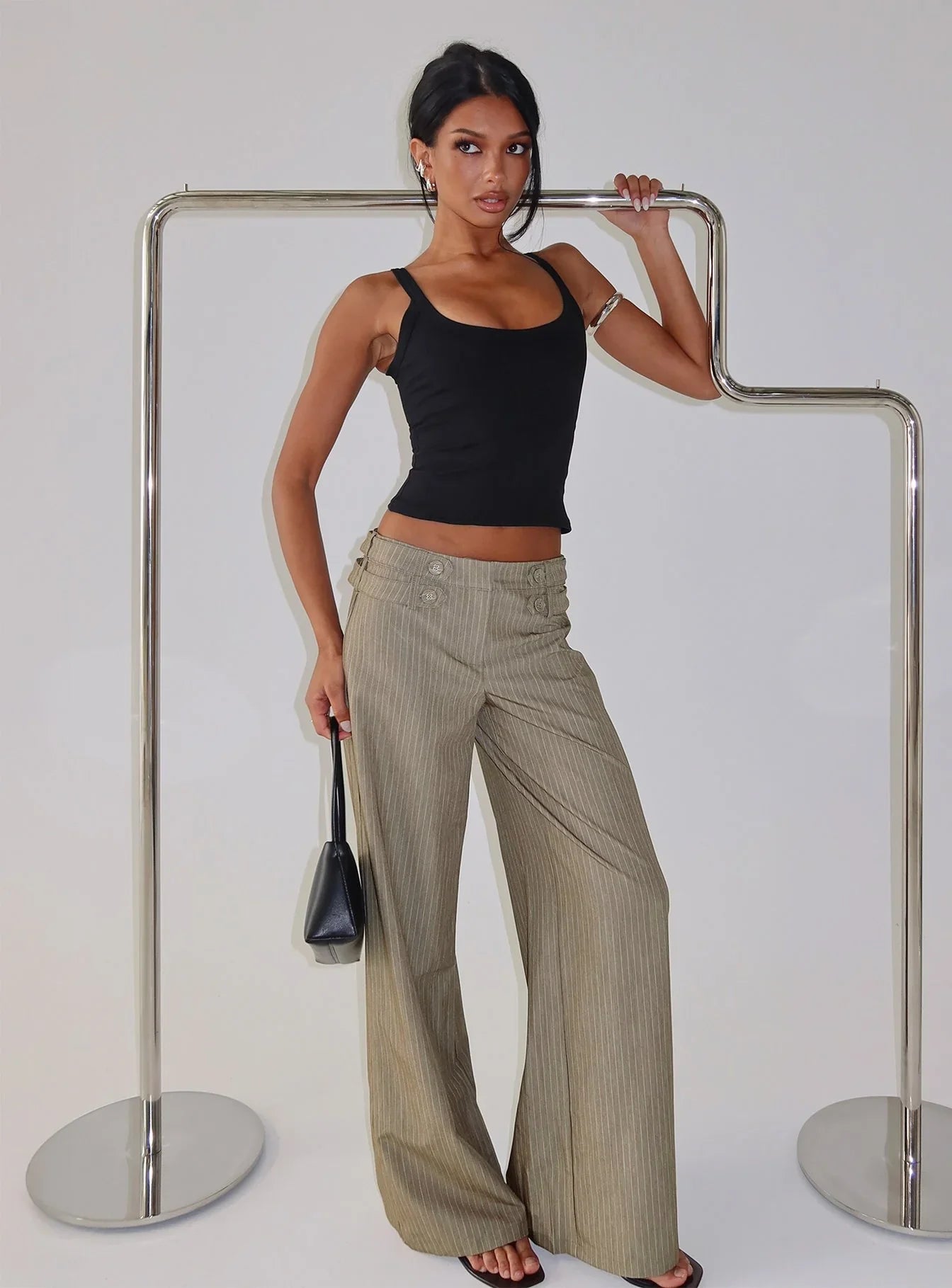 Jette Tailored Buckle Pant Taupe Pinstripe