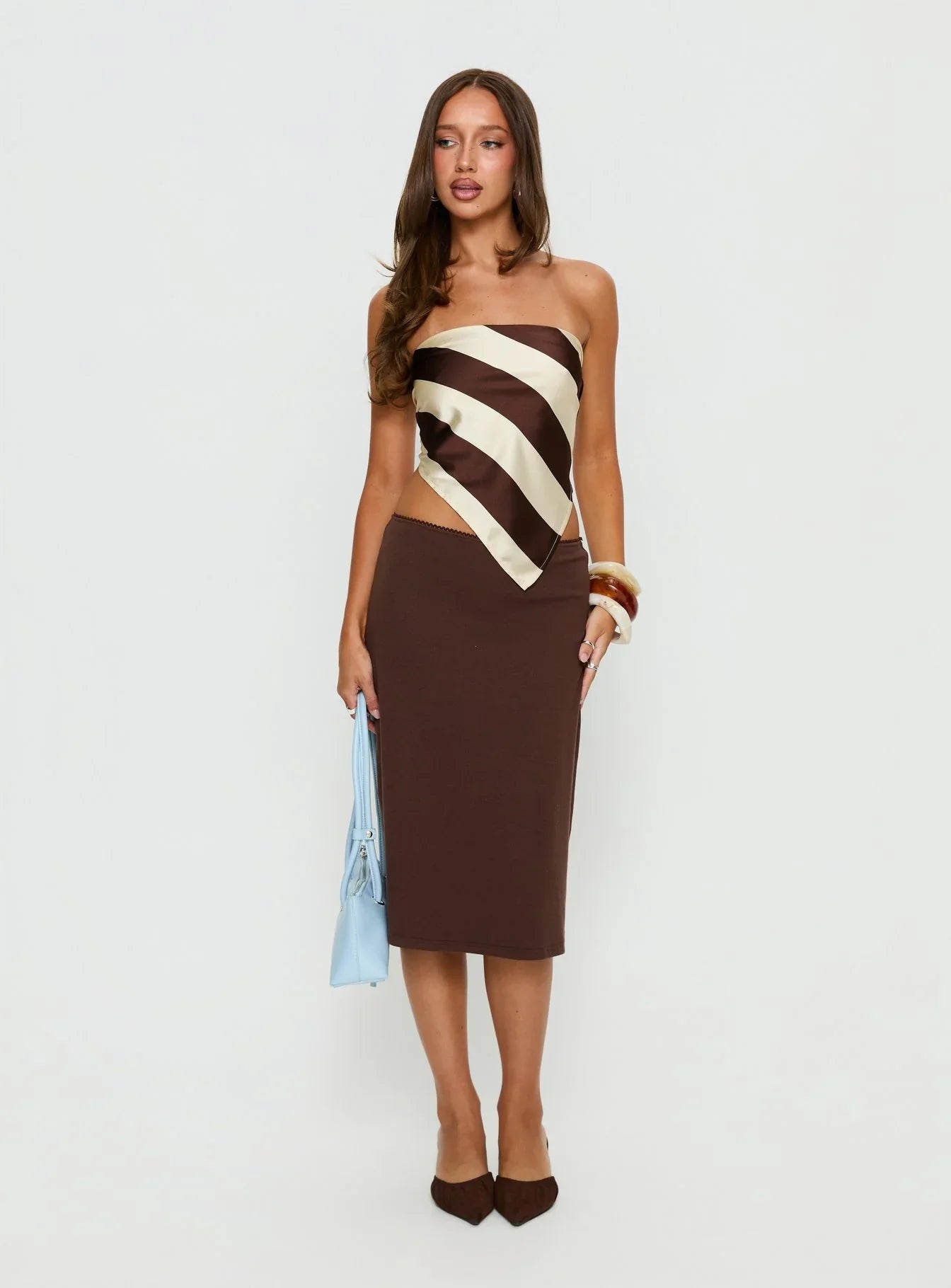 Lailana Tie Back Strapless Scarf Top Brown Stripe