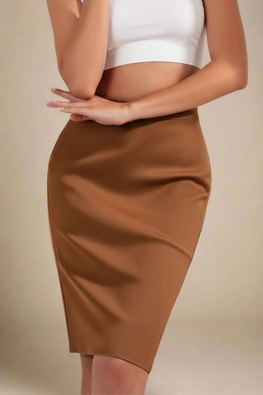 Pencil High Waist Bandage Knee Length Skirt Tan Brown