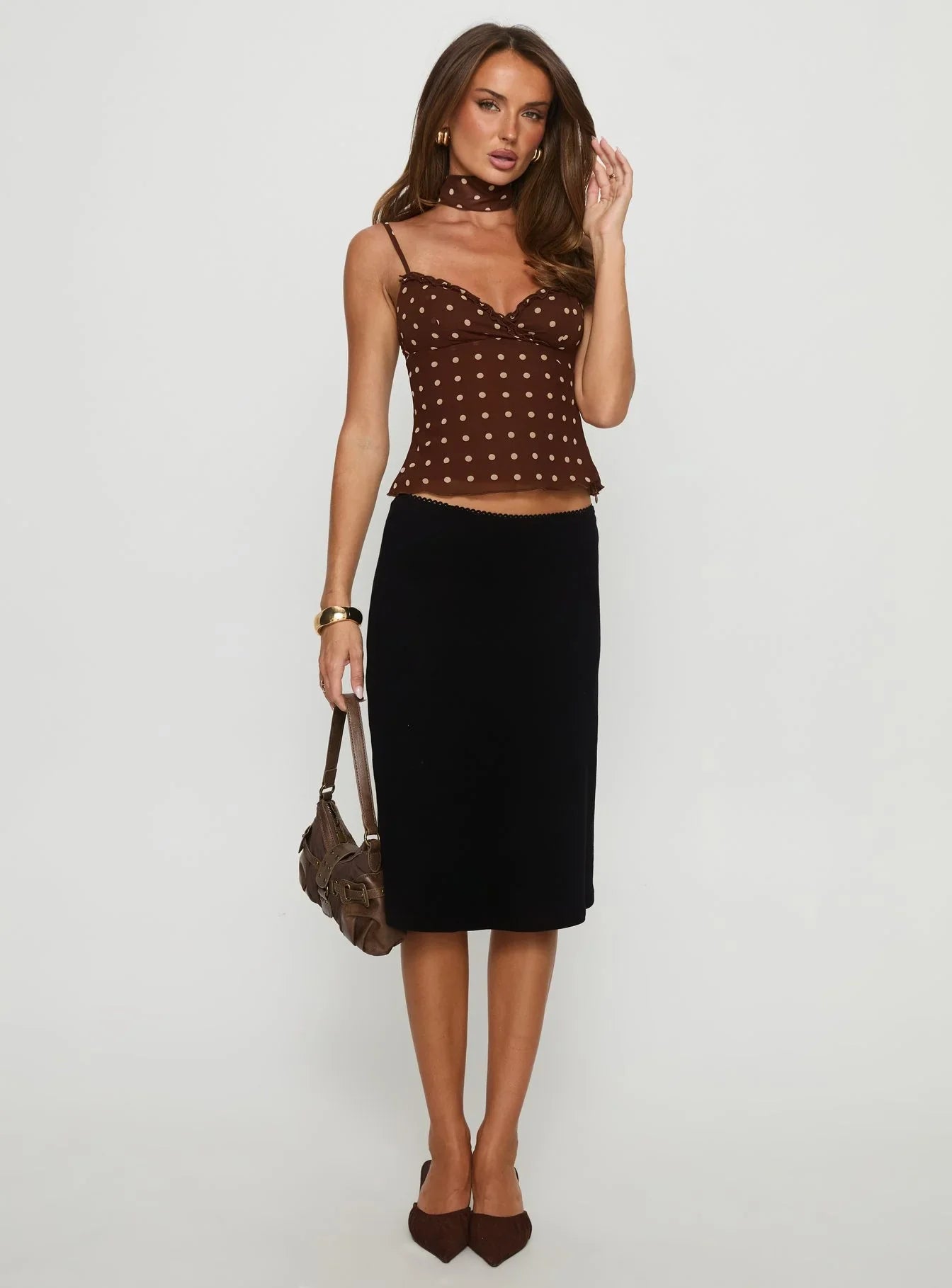 Mishy Scarf Detail Cami Top Brown Polka Dot