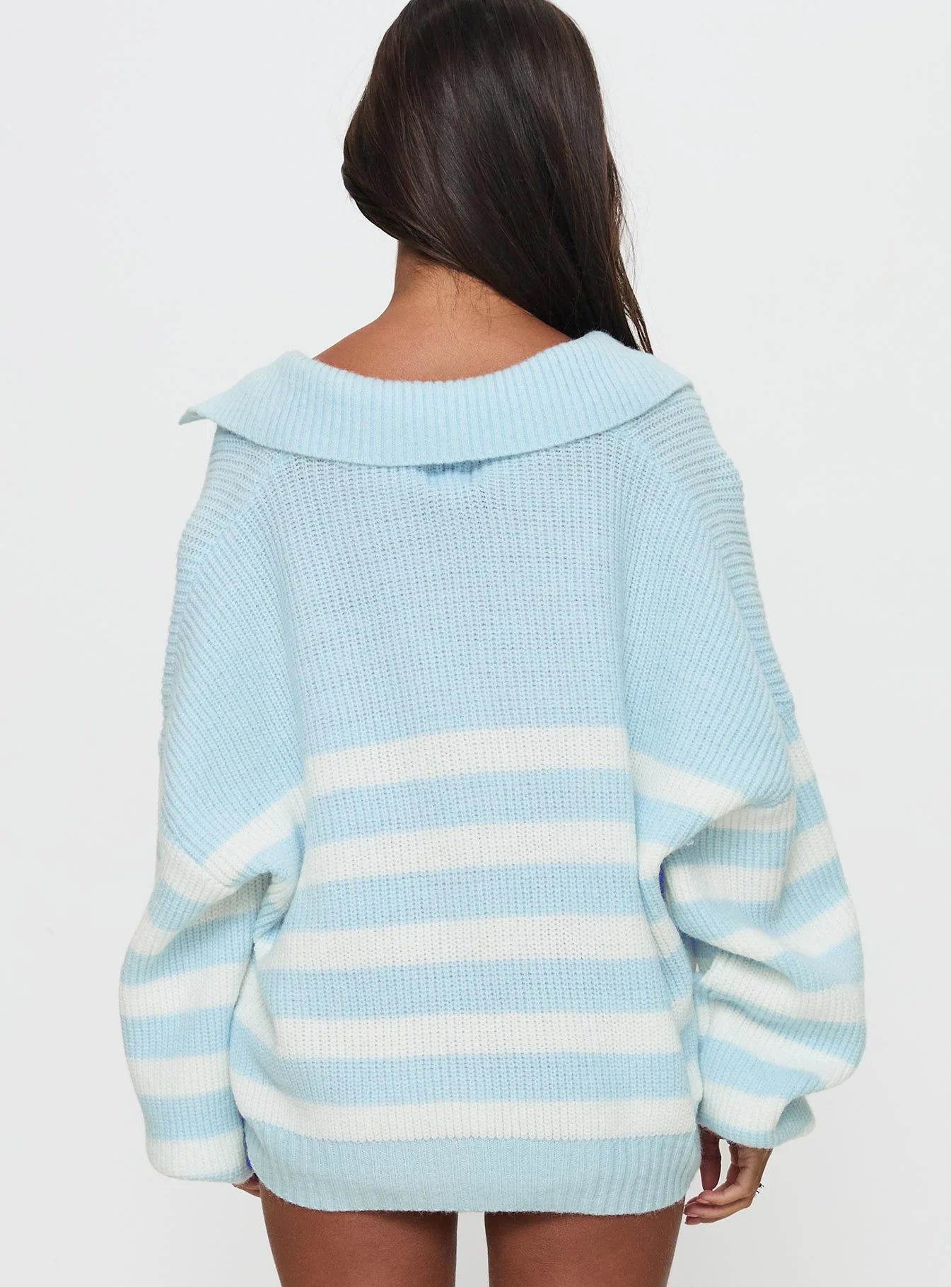 Carolena Long Sleeve Collared Knit Sweater Blue White Stripe