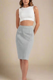 Pencil Bandage Knitted Knee Length Skirt Steel Grey