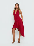 Emara Halter Asymmetrical Midi Dress Red