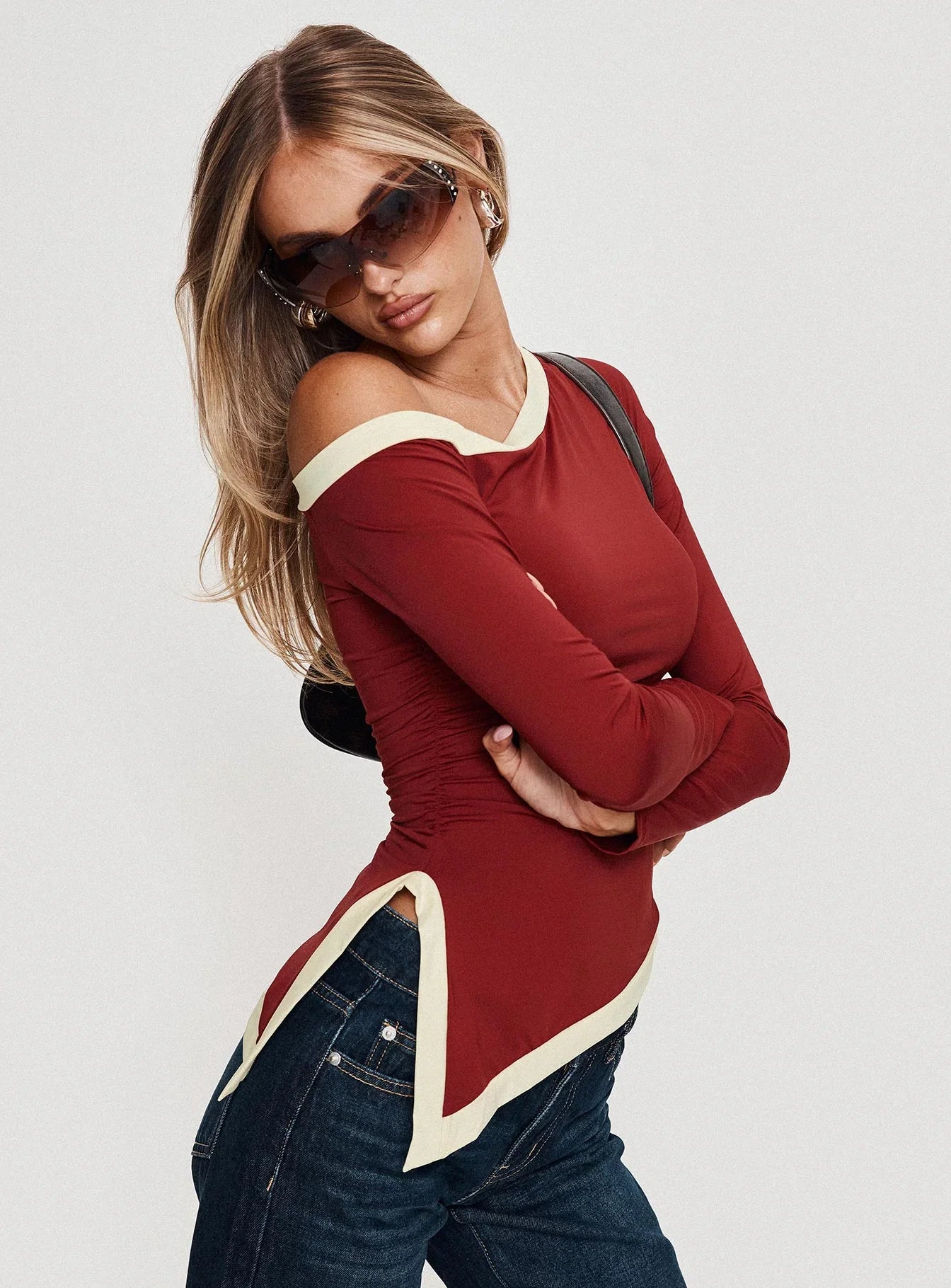 Fake Smile Long Sleeve Top Burgundy Cream