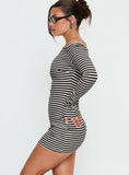 Journi Off Shoulder Long Sleeve Mini Dress Black White Stripe
