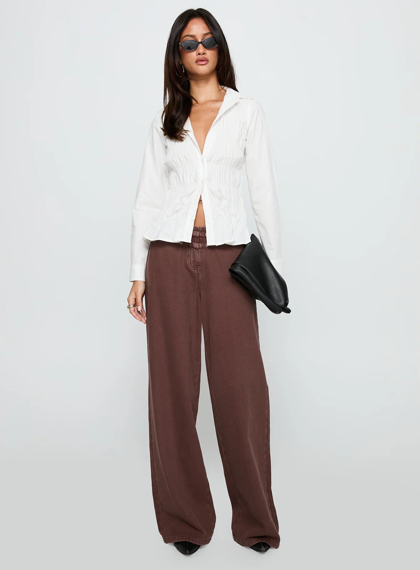 Cultivate Shirred Long Sleeve Top White