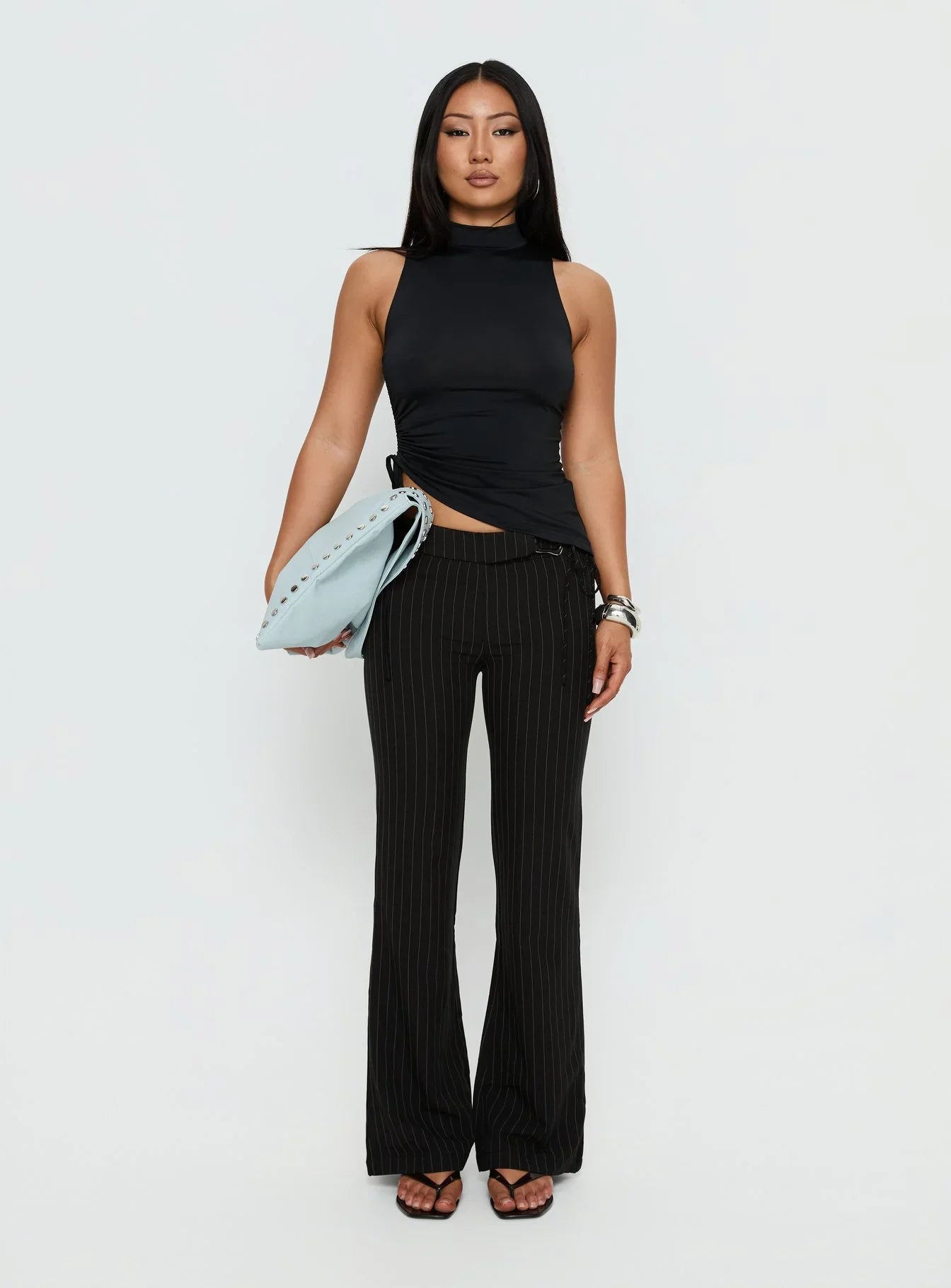 Louder Please Tie Side Straight Leg Pants Black Pinstripe