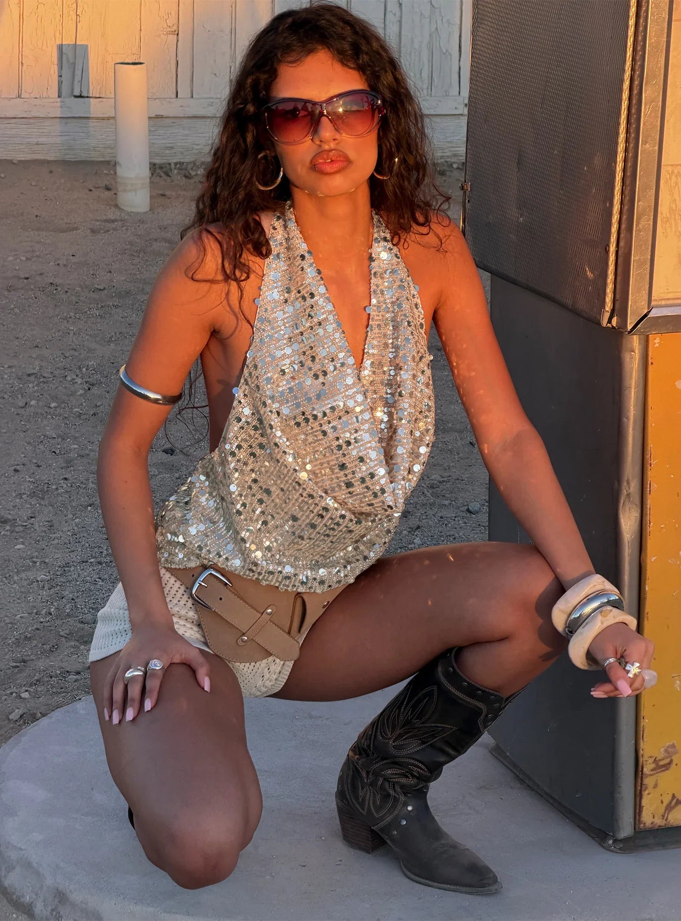 Northern Lights Cowl Halter Backless Top Champagne Sequin