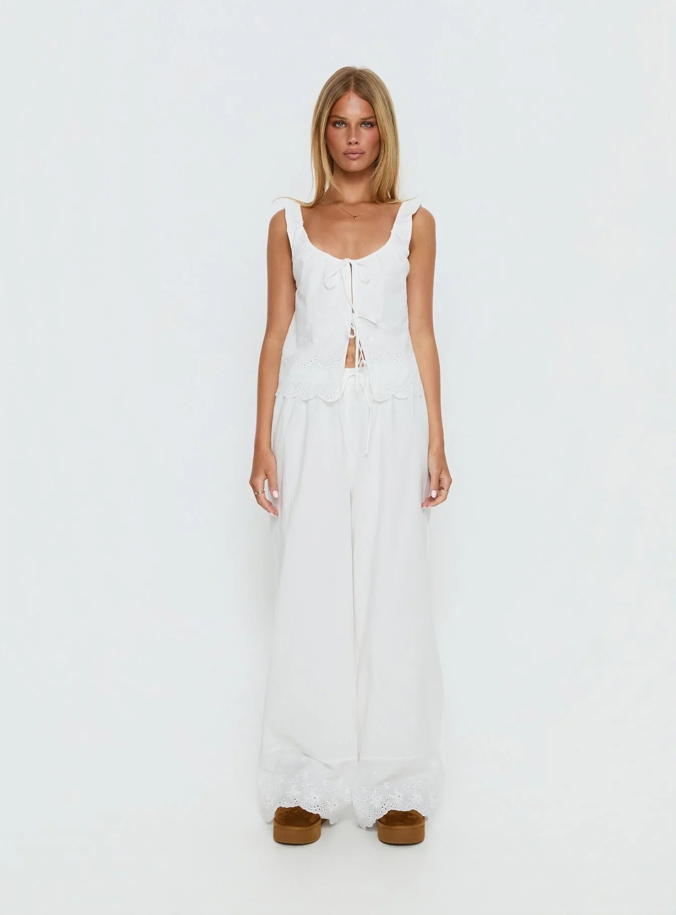 Kissed Chaos Broderie Anglais Tie Waist Pants White