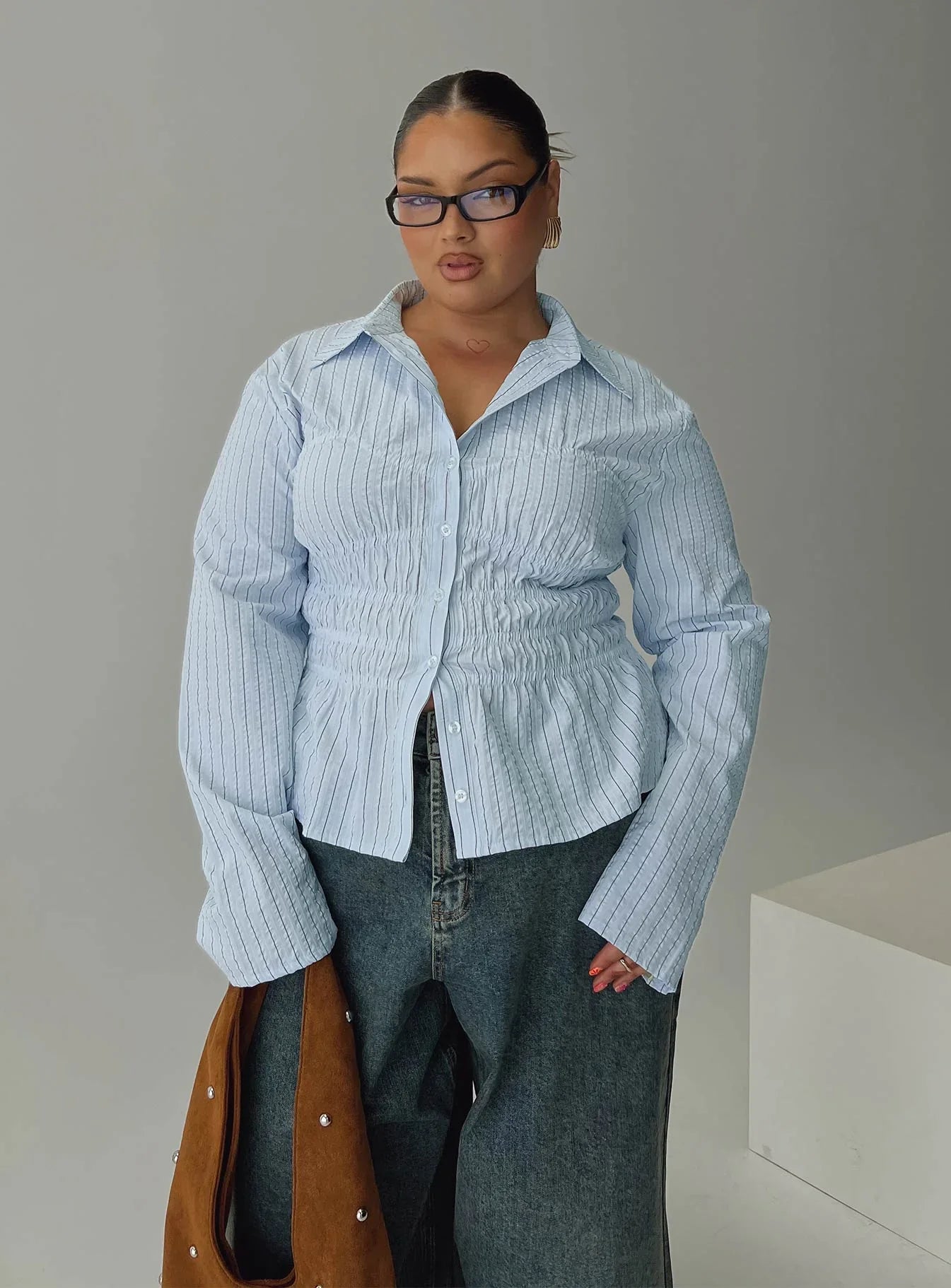 Liesel Shirred Long Sleeve Top Stripe Curve