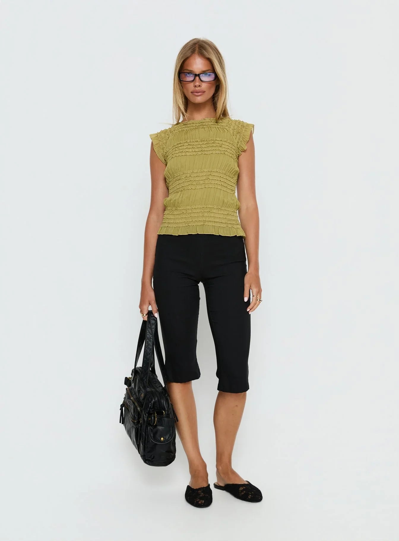 Talyn Cap Sleeve Frill Top Olive