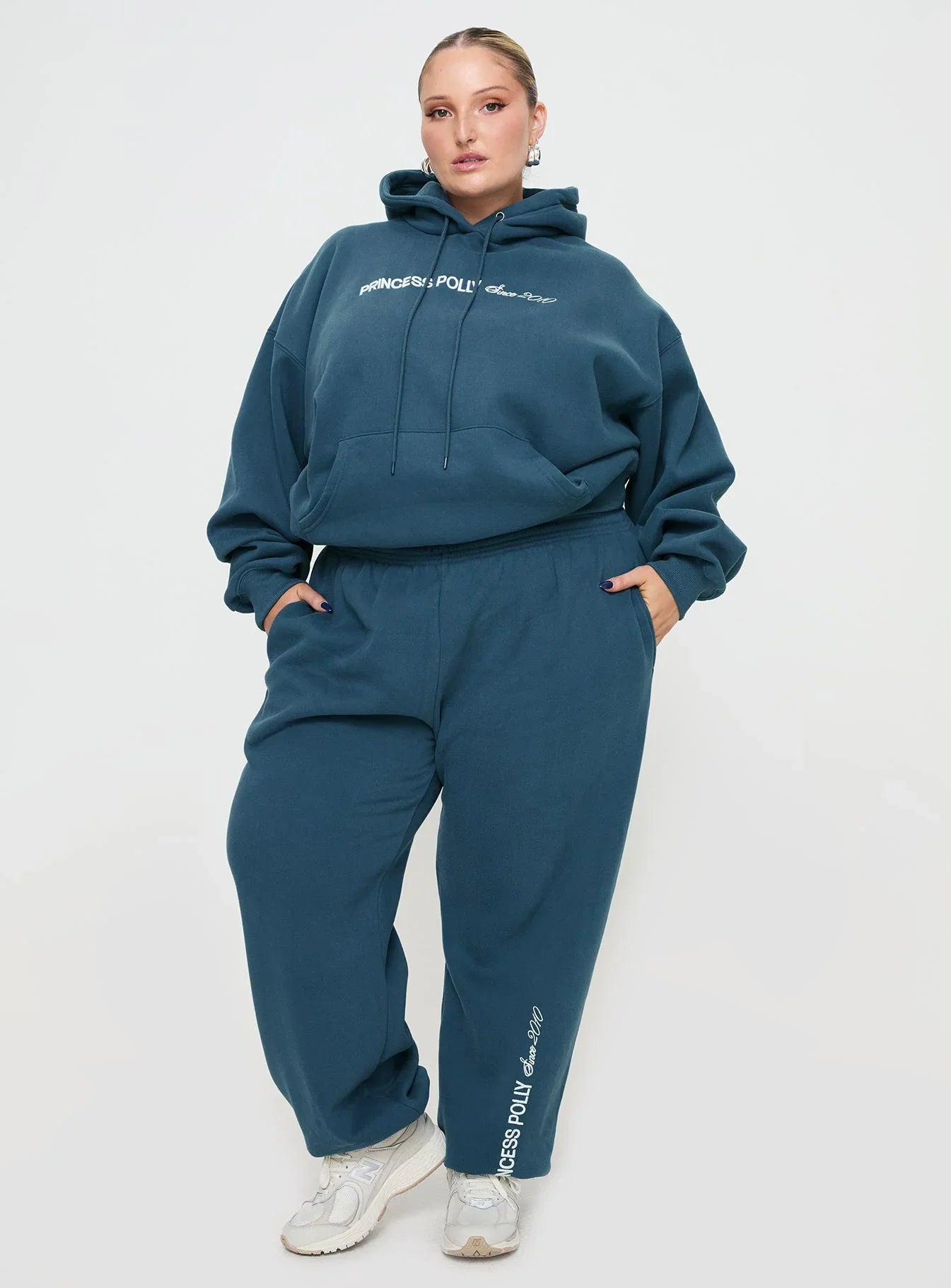 Princess Polly Hooded Sweatshirt Block Cursive Text Slate Curve