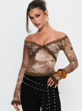 Katlyne Long Sleeve Lace Trim Top Brown Floral