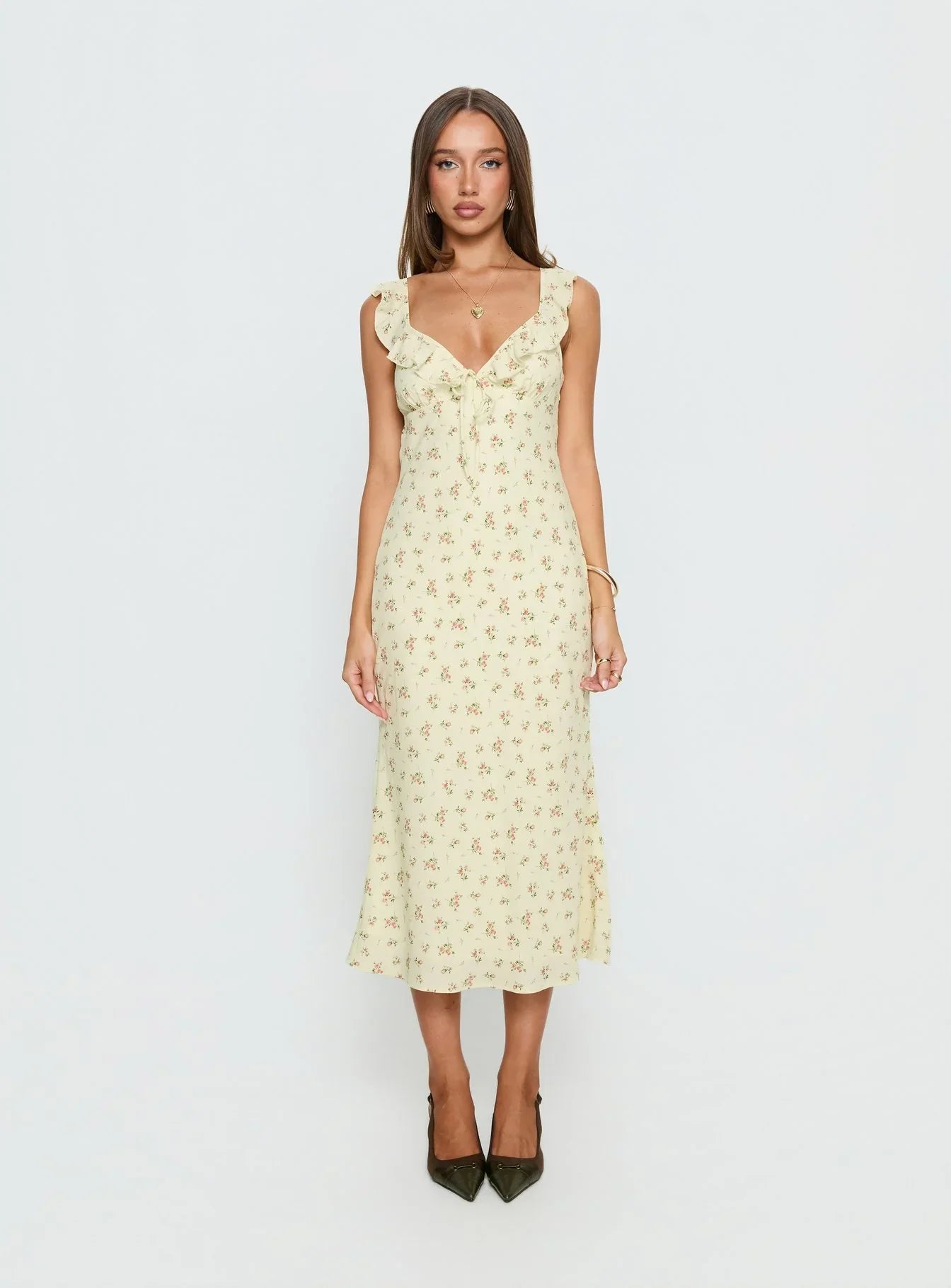 Leabelle Frill V Neck Maxi Dress Yellow Floral