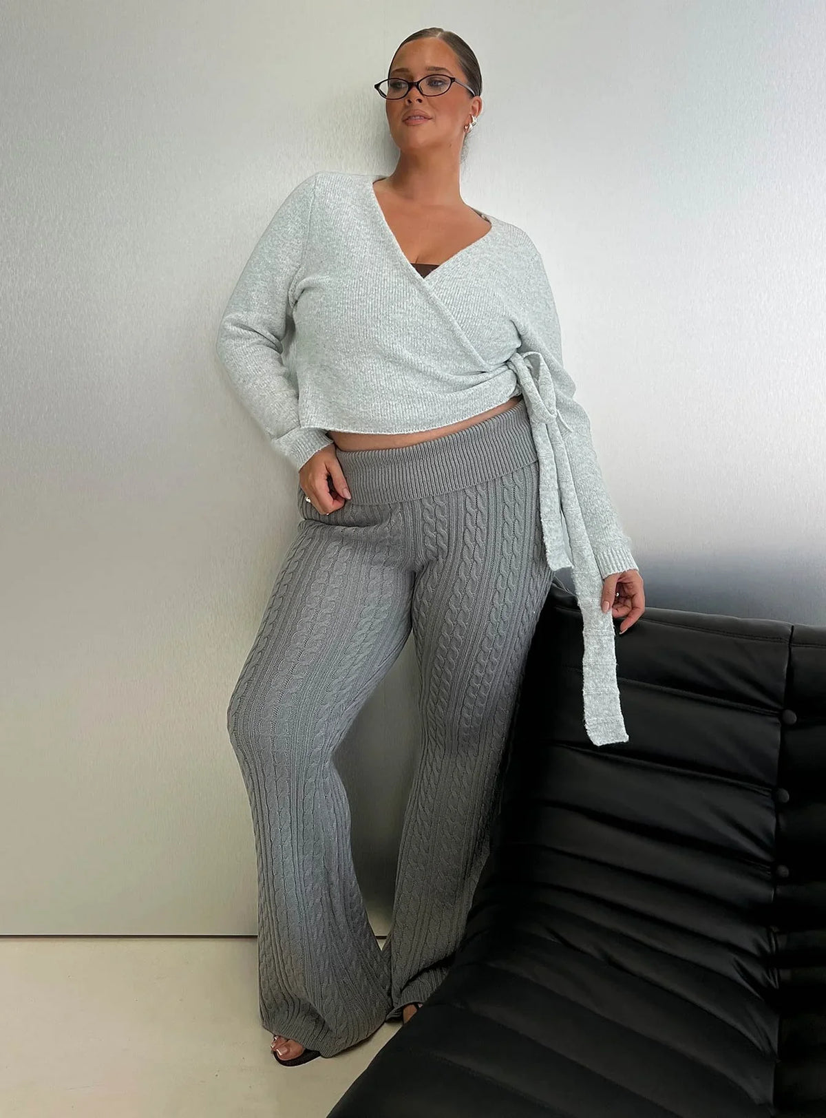 Baleigh Cable Knit Foldover Pants Grey Curve