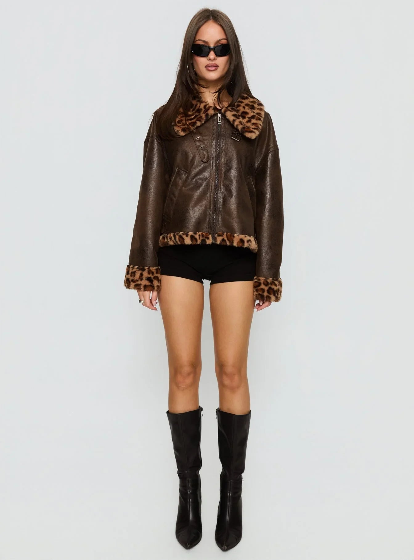 Brandyn Faux Fur Trim Jacket Brown / Leopard