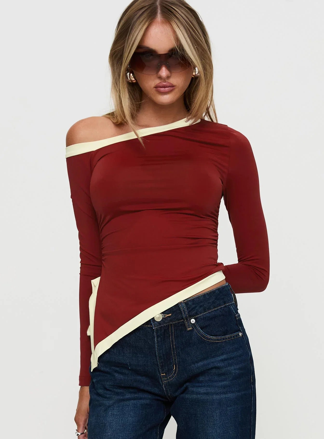 Fake Smile Long Sleeve Top Burgundy Cream
