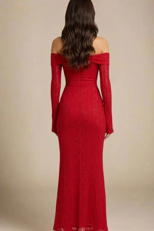 Rose Long Sleeve Bodycon Maxi Dress Lipstick Red